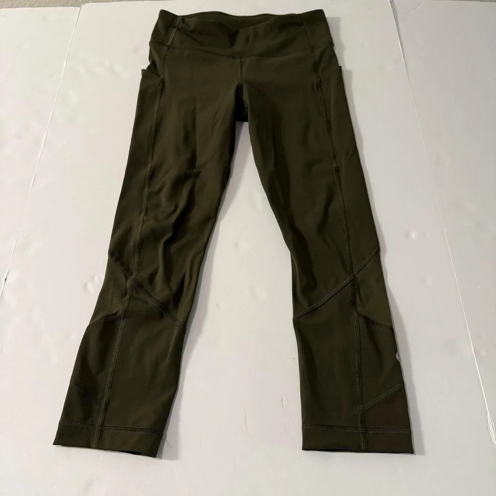 Lululemon Speed Up Crop 21 Dark Olive Green Running Leggings Pockets Womens 4